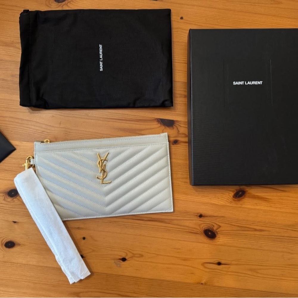 Saint Laurent Ivory Quilted Clutch with Gold Logo